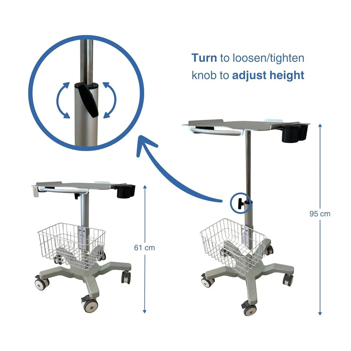 Height Adjustable Medical Cart with Basket - Image 2
