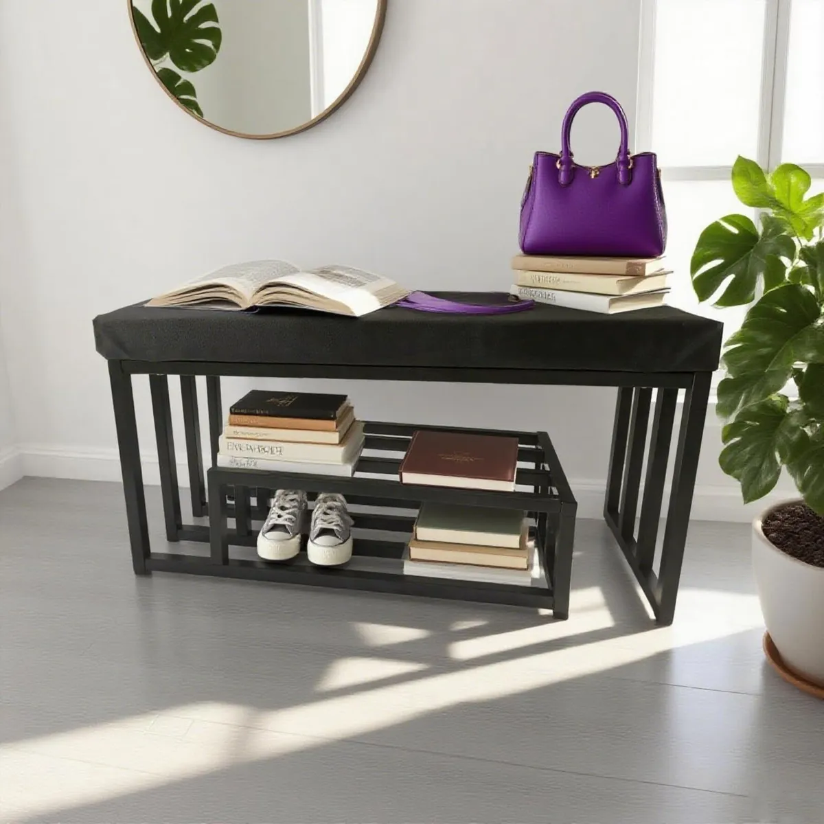 Shoe Bench with Seating Area Rack Metal Hallway - Image 2