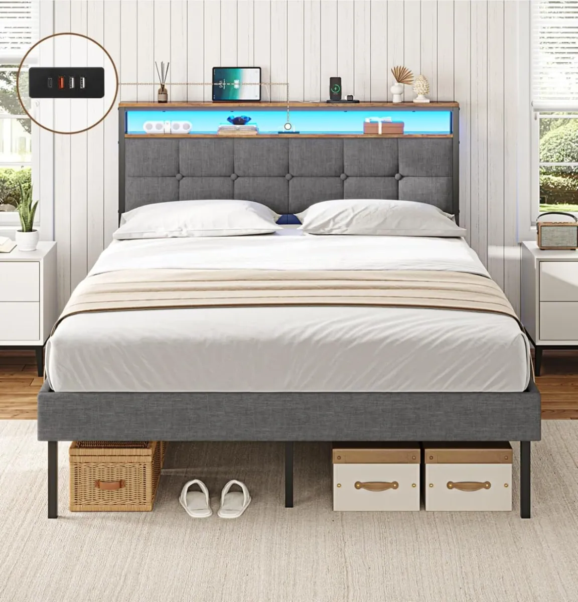 Bed Frame with Storage Upholstered LED Lights - Image 1