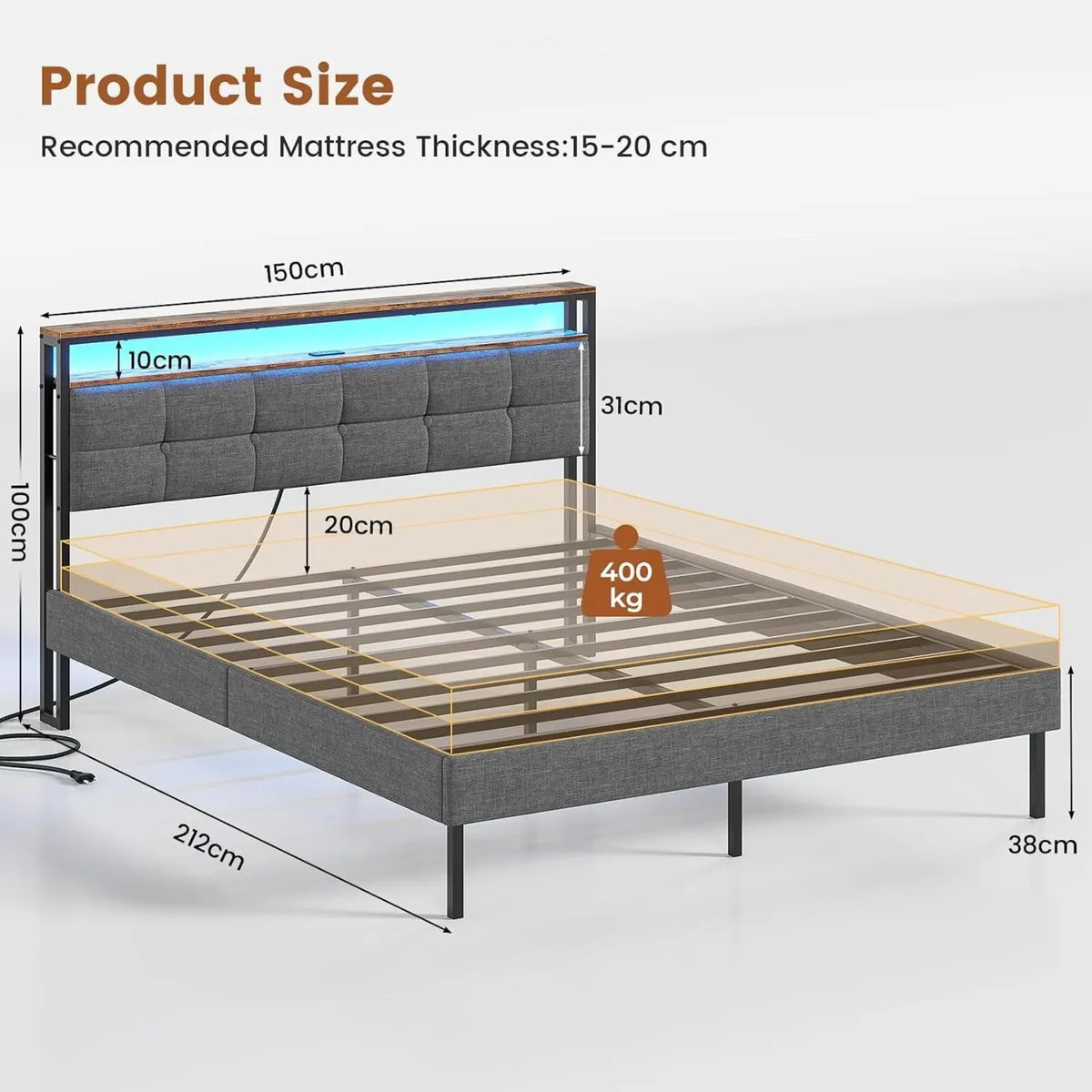 Bed Frame with Storage Upholstered LED Lights - Image 2