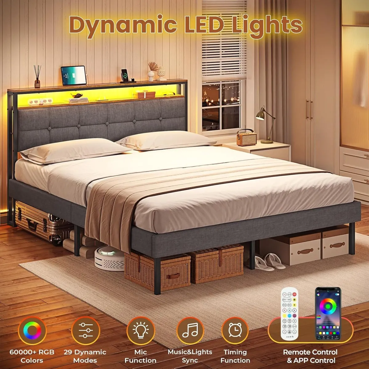 Bed Frame with Storage Upholstered LED Lights - Image 3