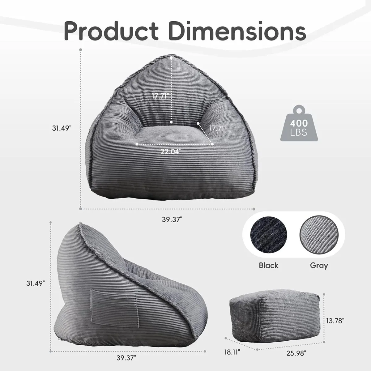 Large Bean Bag Chair with Ottoman Corduroy Floor - Image 2