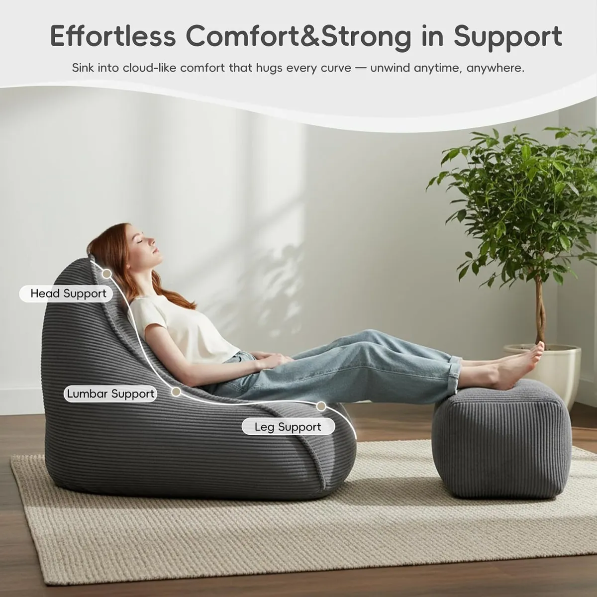 Large Bean Bag Chair with Ottoman Corduroy Floor - Image 3