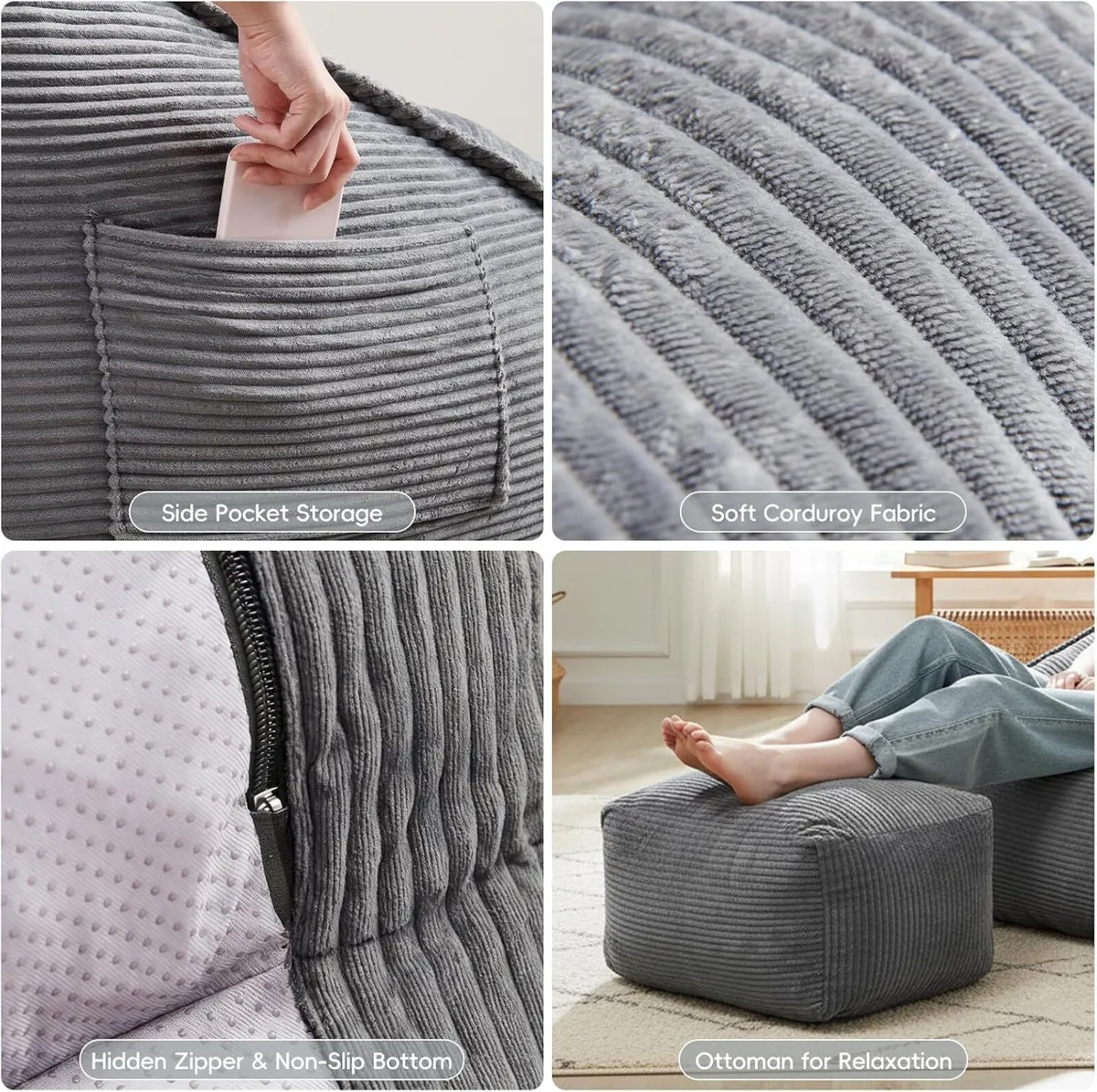 Large Bean Bag Chair with Ottoman Corduroy Floor - Image 4