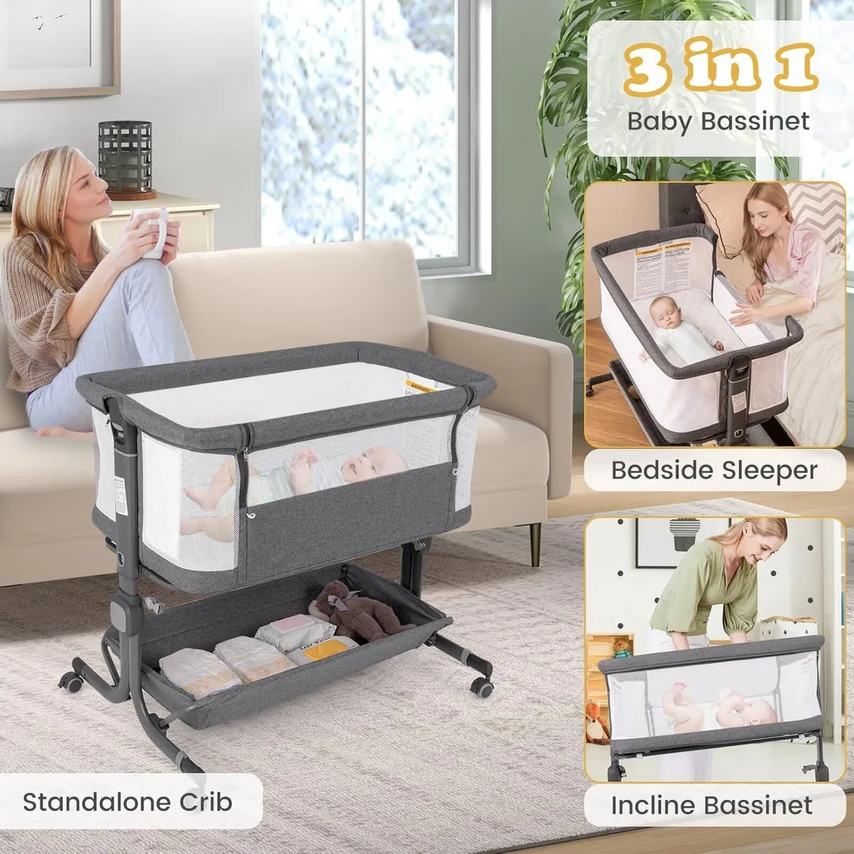 Baby Bedside Crib Foldable Toddler Side Cot - Image 3
