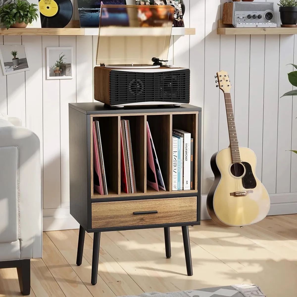 Record Player Stand with Storage Crate Drawer - Image 1