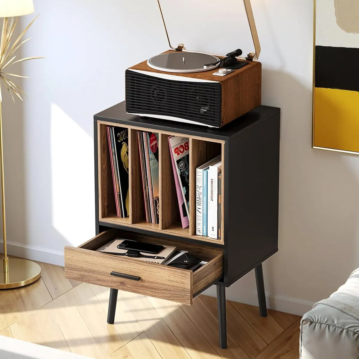 Record Player Stand with Storage Crate Drawer - Image 3