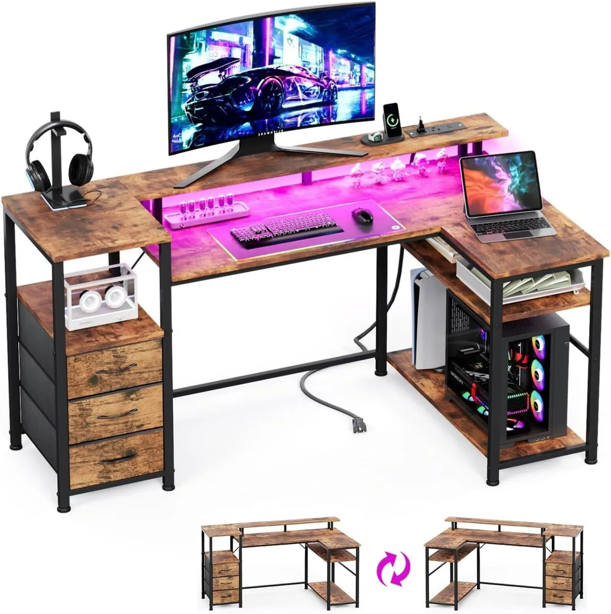 120CM Corner Desk with 3 Drawers Power Outlets - Image 1