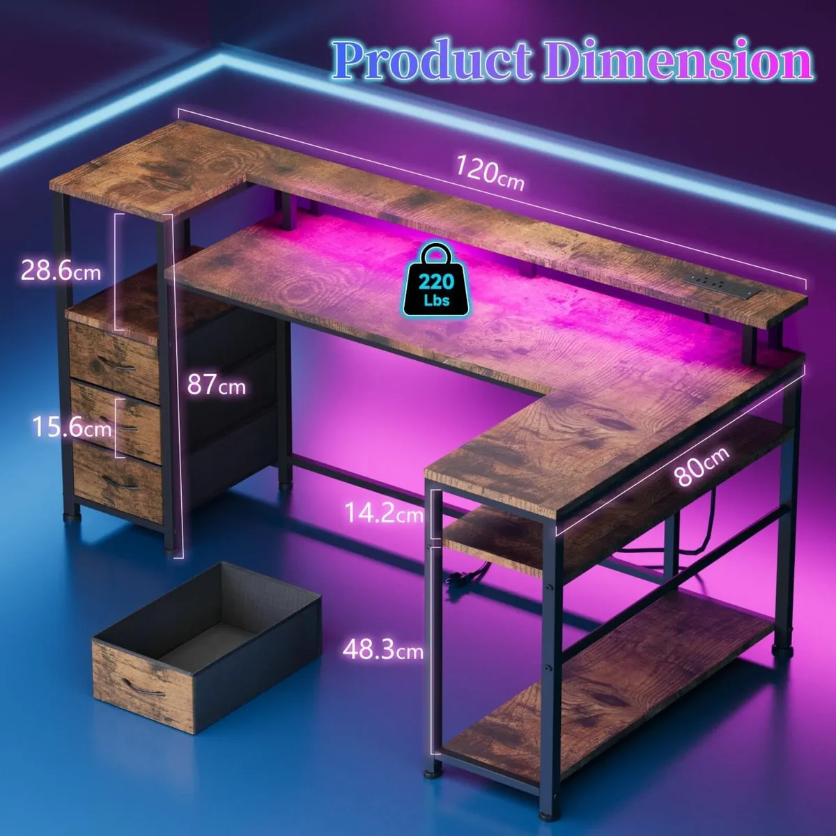 120CM Corner Desk with 3 Drawers Power Outlets - Image 2