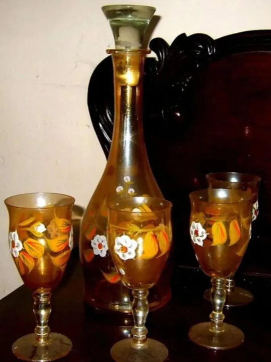 Vintage Bohemian Amber Glass Decanter & 4 Glasses - Image 1