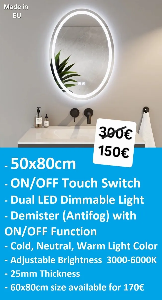 LED Bathroom Mirror 50x80cm Oval Demister Antifog - Image 1