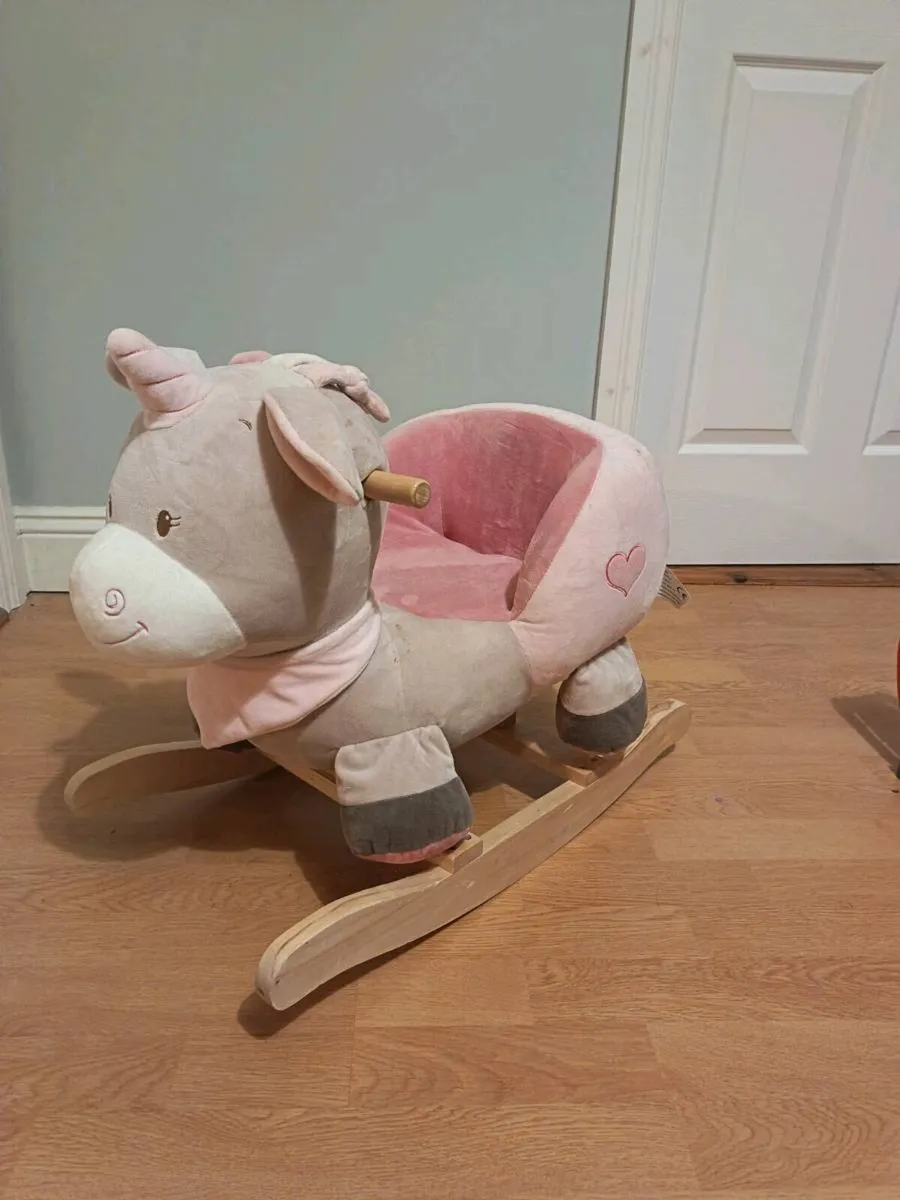 Plush Rocking Unicorn with Wooden Base - Image 1