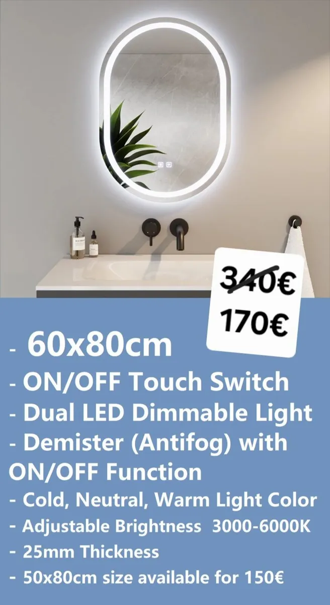 LED Bathroom Mirror Fog Free Dual LED Touch Switch - Image 1