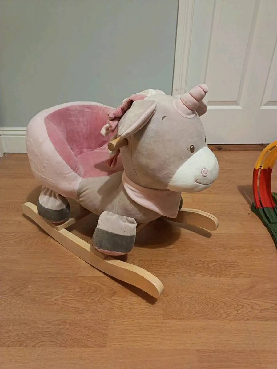 Plush Rocking Unicorn with Wooden Base - Image 2