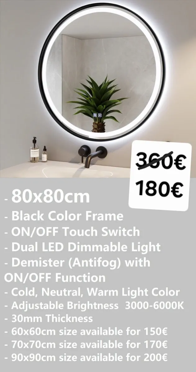 LED Bathroom Mirror Black Frame Antifog Defogger - Image 1