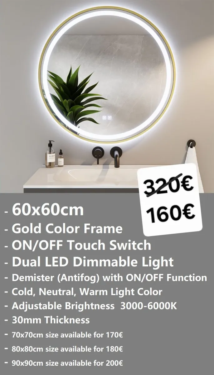 LED Bathroom Mirror Gold Demister Defogger - Image 1