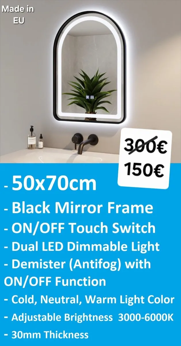 LED Bathroom Mirror Defogger 50x70cm Black - Image 1