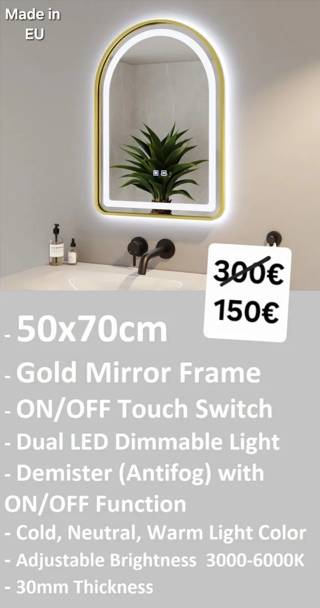 LED Bathroom Mirror 50x70cm Gold Antifog - Image 1