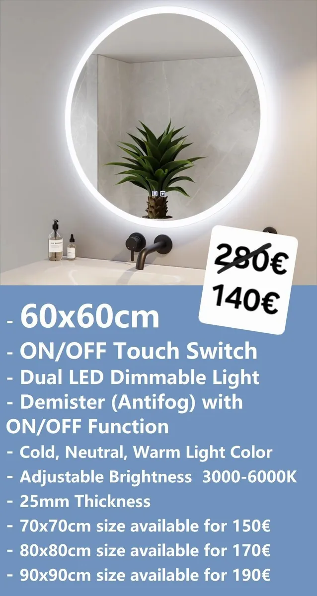 LED Bathroom Mirror 60cm Round Antifog Tricolor - Image 1