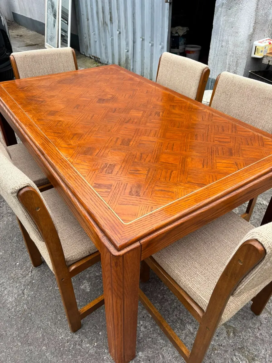 Vintage Parquet Dining Table & 6 Chairs Set - Image 1