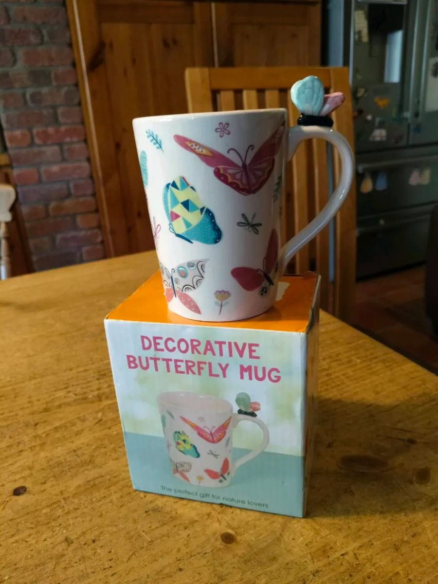 Butterfly Shaped Handle Ceramic Mug, decorated wit - Image 1