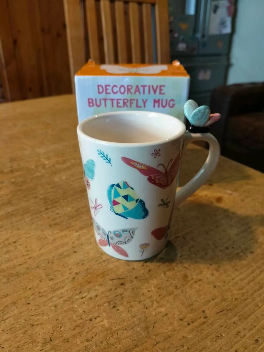 Butterfly Shaped Handle Ceramic Mug, decorated wit - Image 2