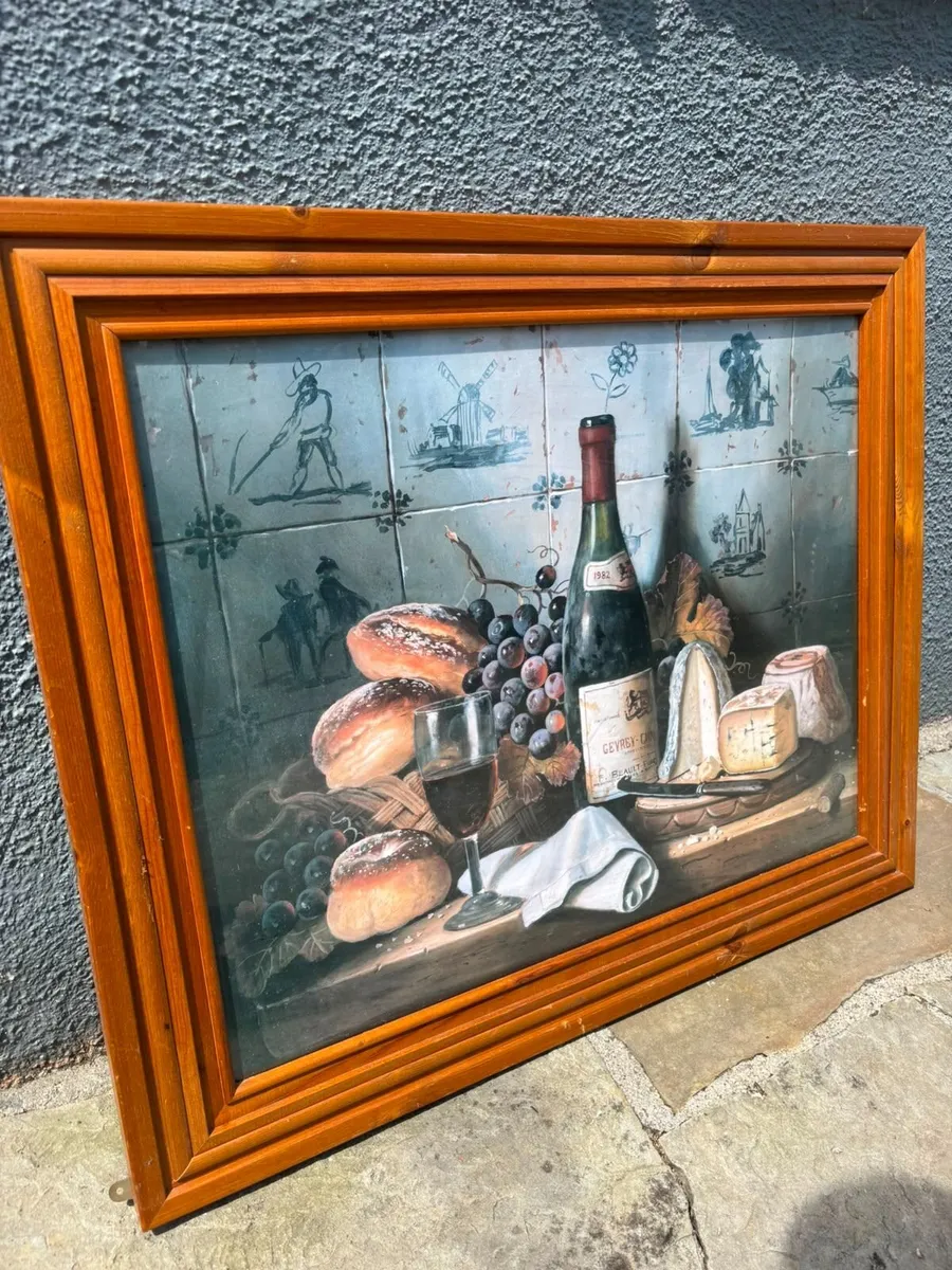 Framed Still Life Print - Wine, Cheese, and Bread - Image 1