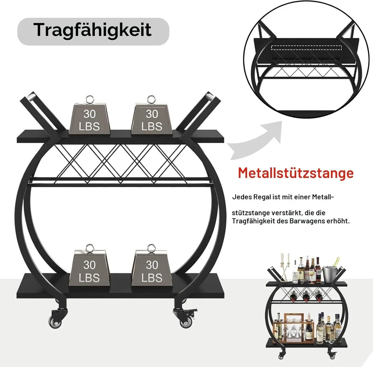 Wine Rack Serving Trolley – Wheeled Bar Cart - Image 4