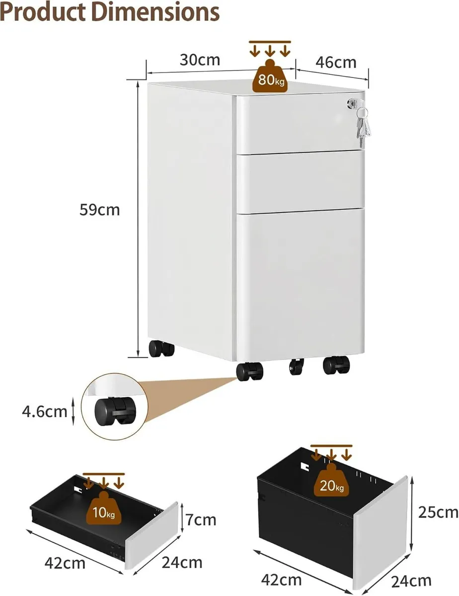 3 Drawers File Cabinet Mobile Filing with Lock - Image 3