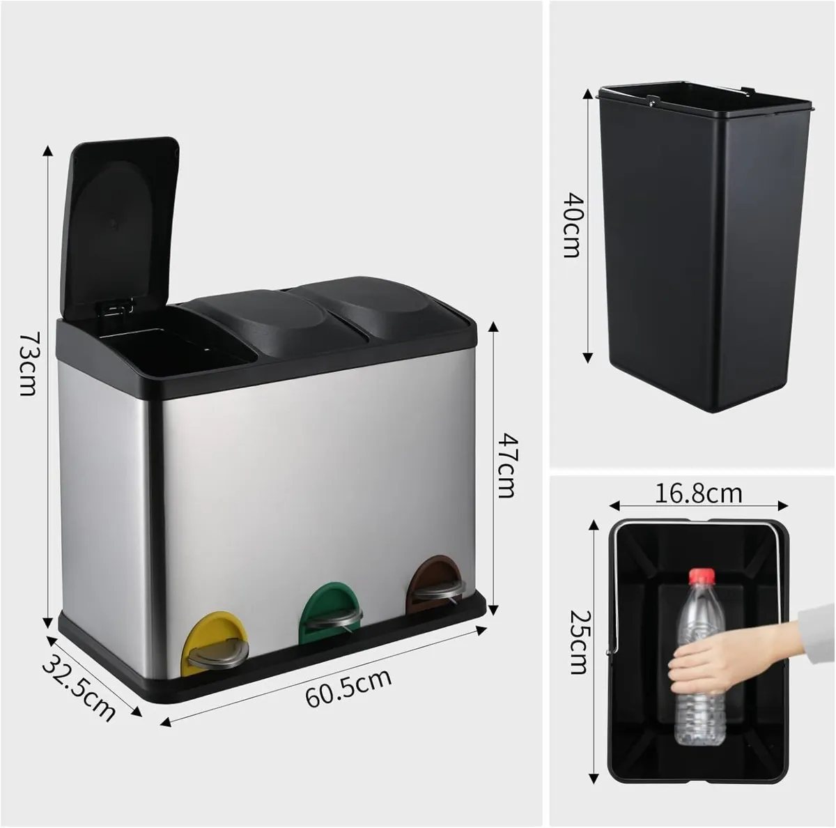 45L 3-Compartment Steel Pedal Kitchen Waste Bin - Image 2