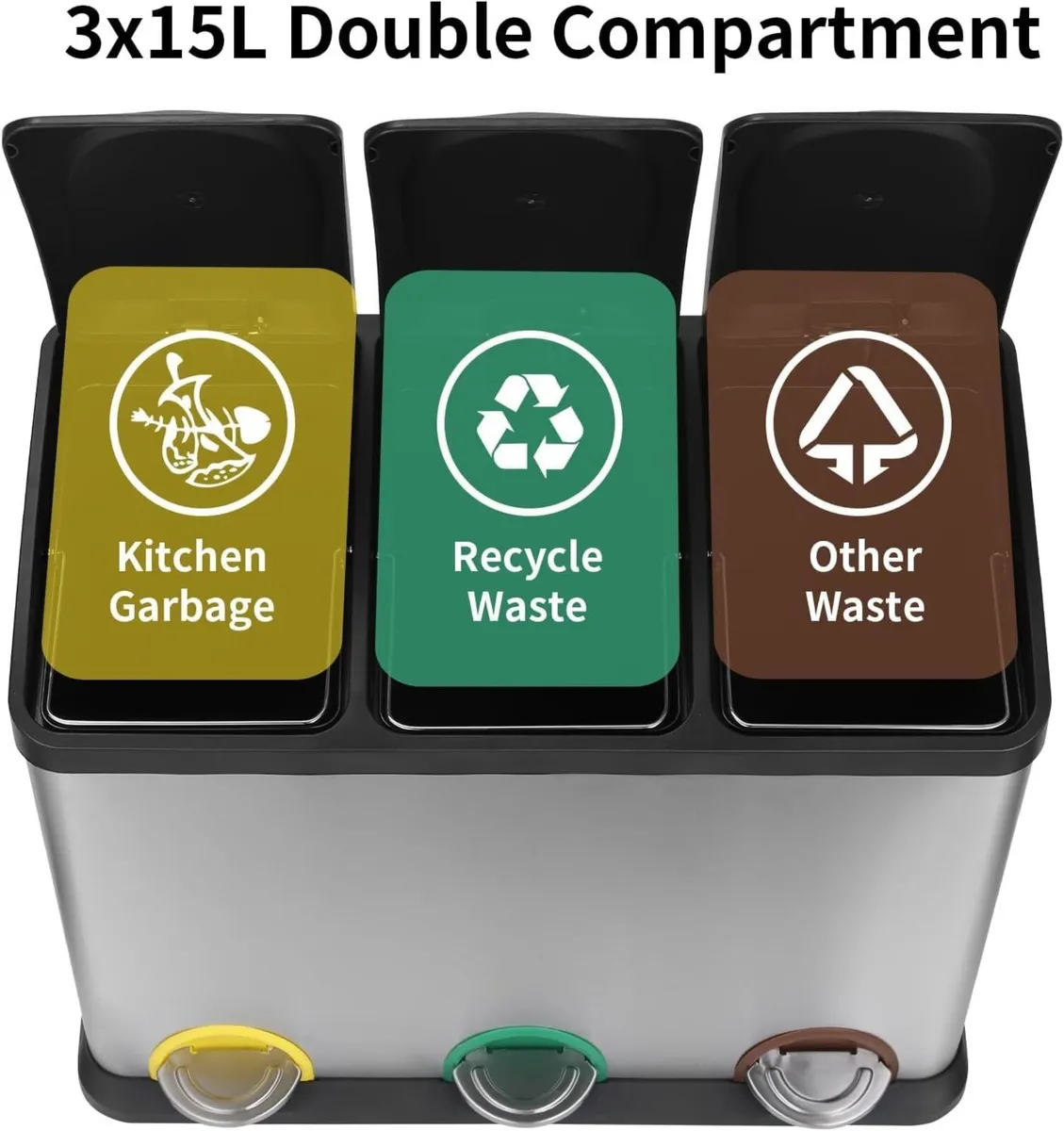 45L 3-Compartment Steel Pedal Kitchen Waste Bin - Image 3