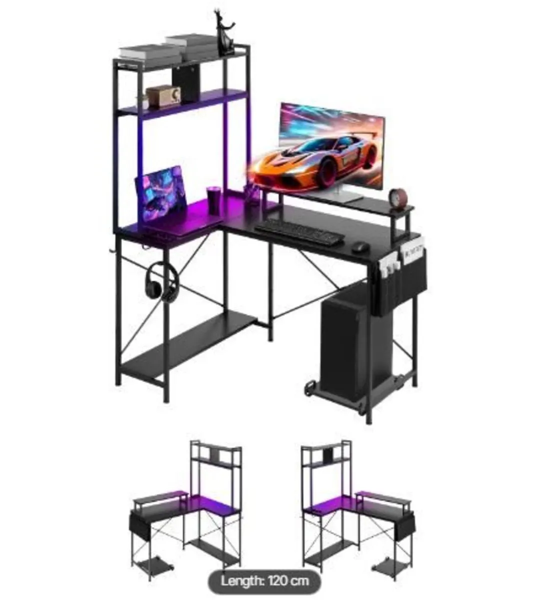 L-Shaped Gaming Desk with LED Lights - Image 1