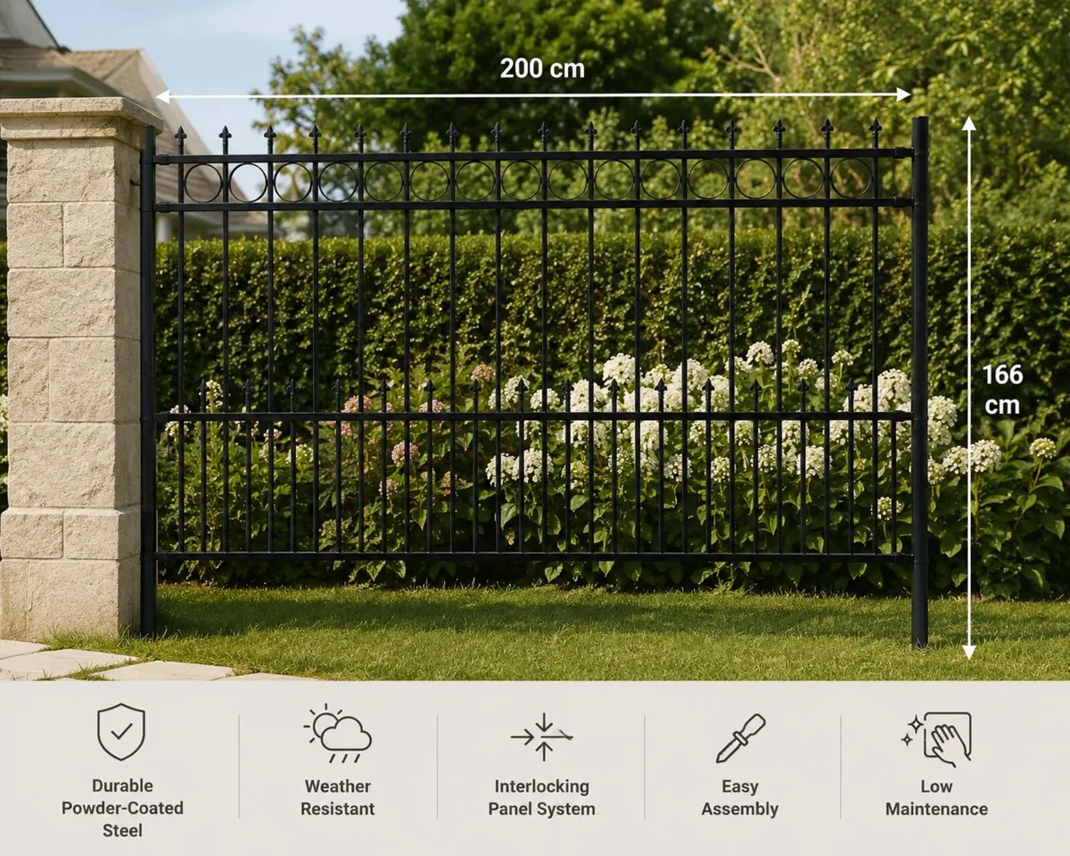 Decorative Black Metal Garden Fence Panel 200 x 16 - Image 2