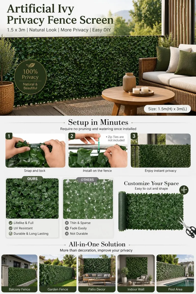 Artificial Ivy Privacy Fence Screen 1.5 x 3 m Gree - Image 2