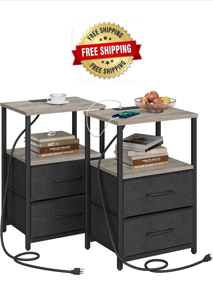 Bedside Table with Charging Station, Side Table wi - Image 1
