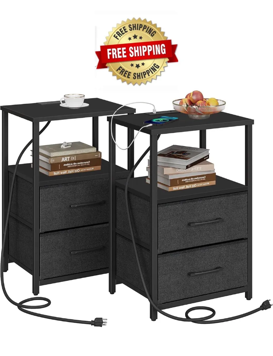 Bedside Table with Charging Station, Side Table wi - Image 1