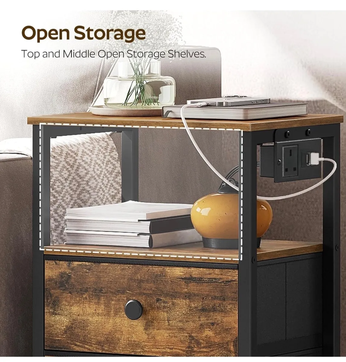 Bedside Tables with Charging Station, Set of 2, Ni - Image 3