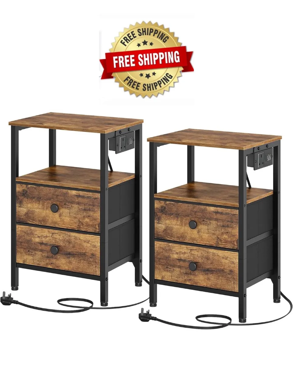 Bedside Tables with Charging Station, Set of 2, Ni - Image 1