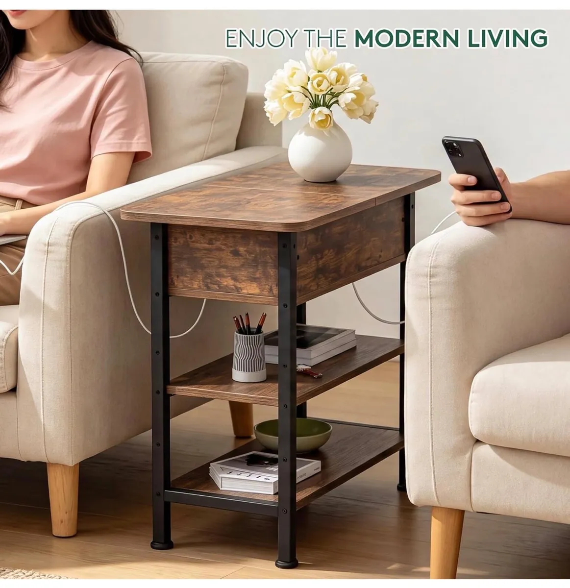 Side Table with Charging Station, Small Flip Top N - Image 4