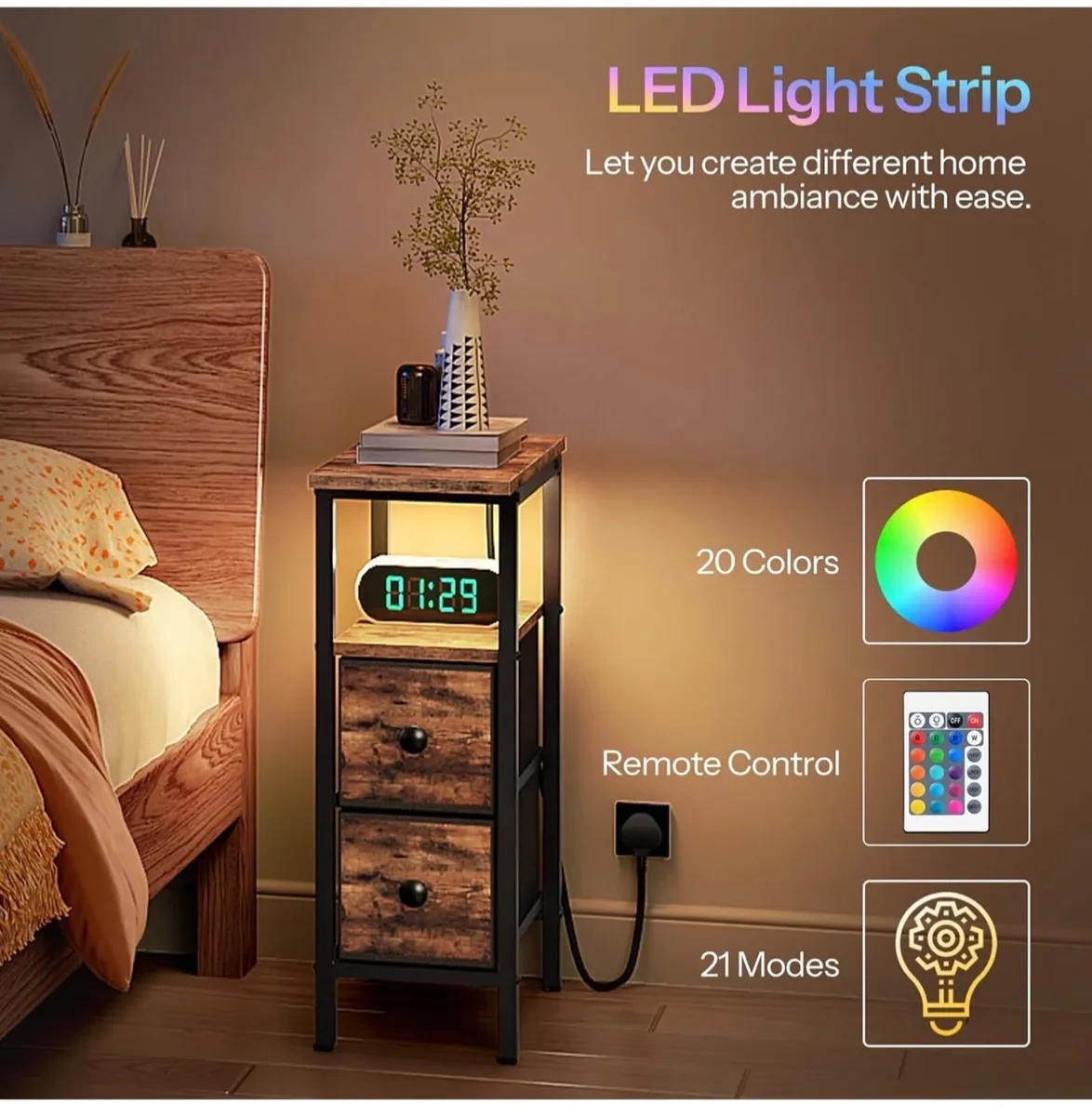 Slim Bedside Table with Charging Station, Narrow S - Image 3