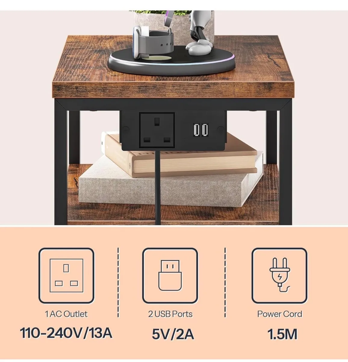 Bedside Table with Charging Station, End Table wit - Image 4