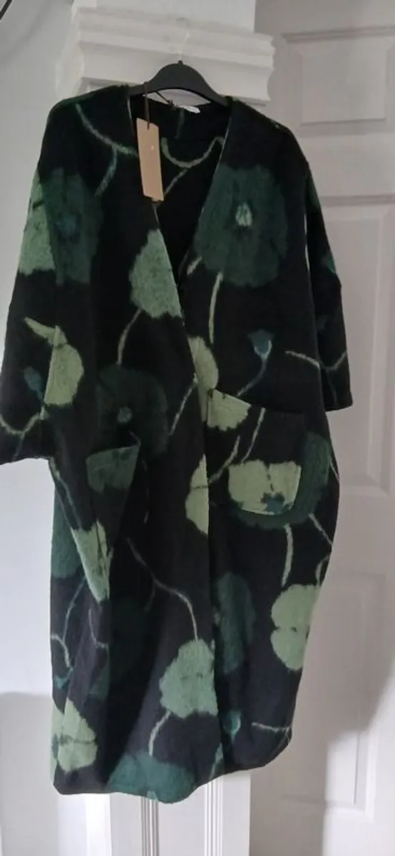 Coat, Black with Green Floral Pattern New - Image 1