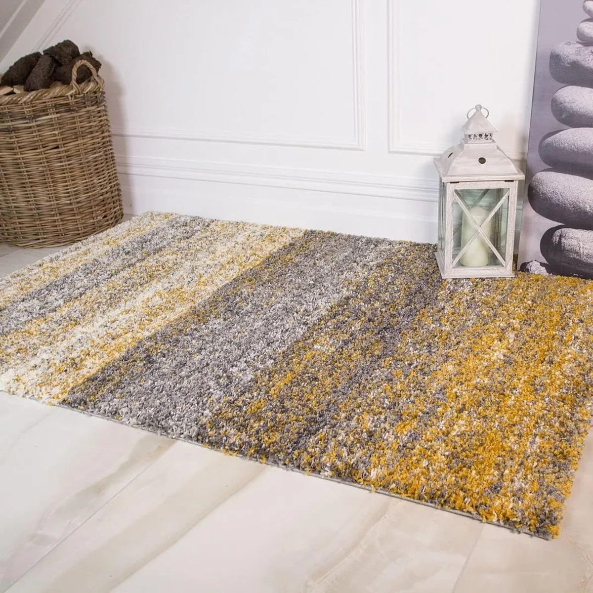 Murano Ochre Mustard Striped Thick Shaggy Shag - Image 2