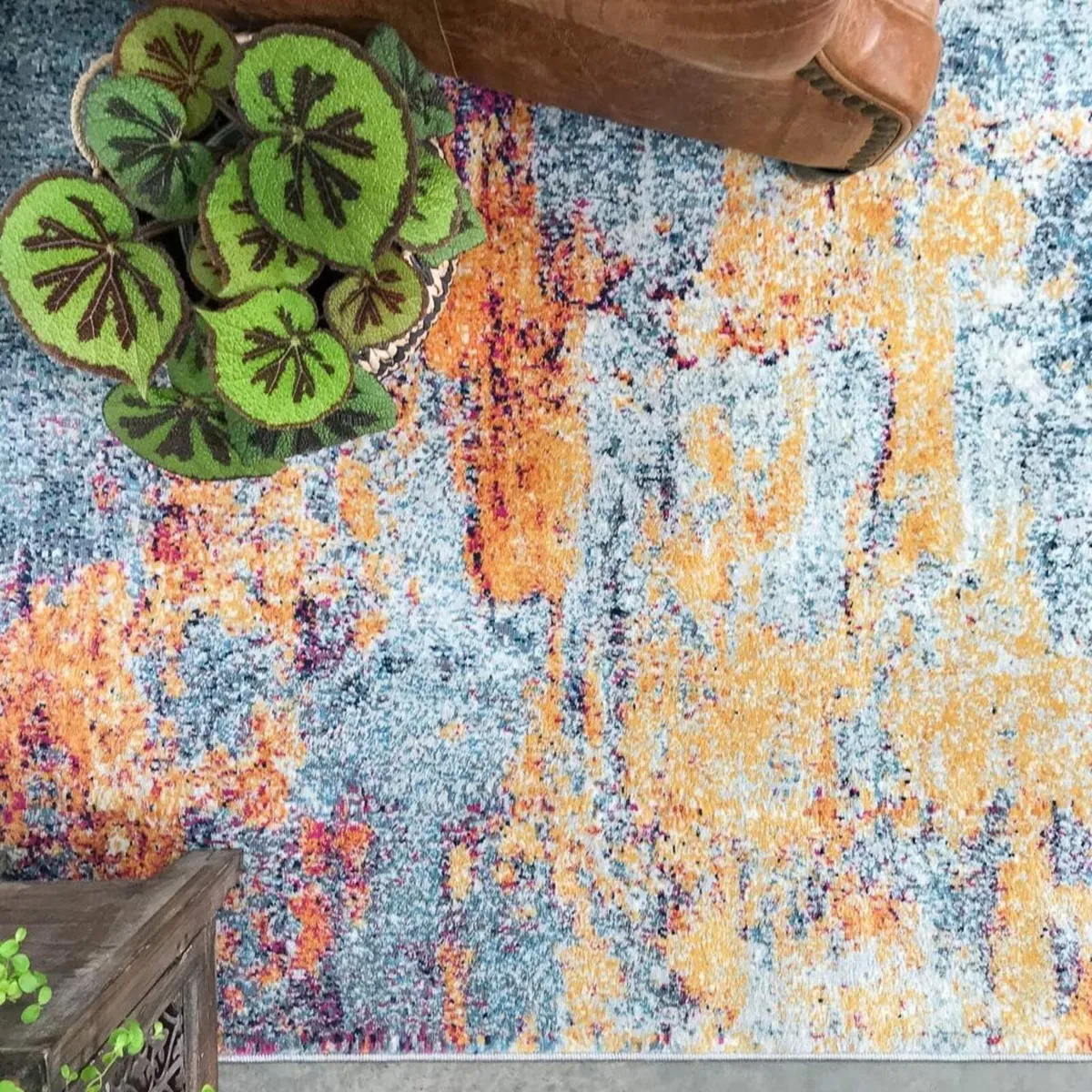 Ochre Mottled Rug Distressed Abstract Boho - Image 2