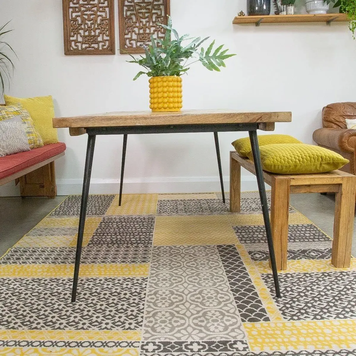 Large Ochre Mustard Patchwork Squares Traditional - Image 1