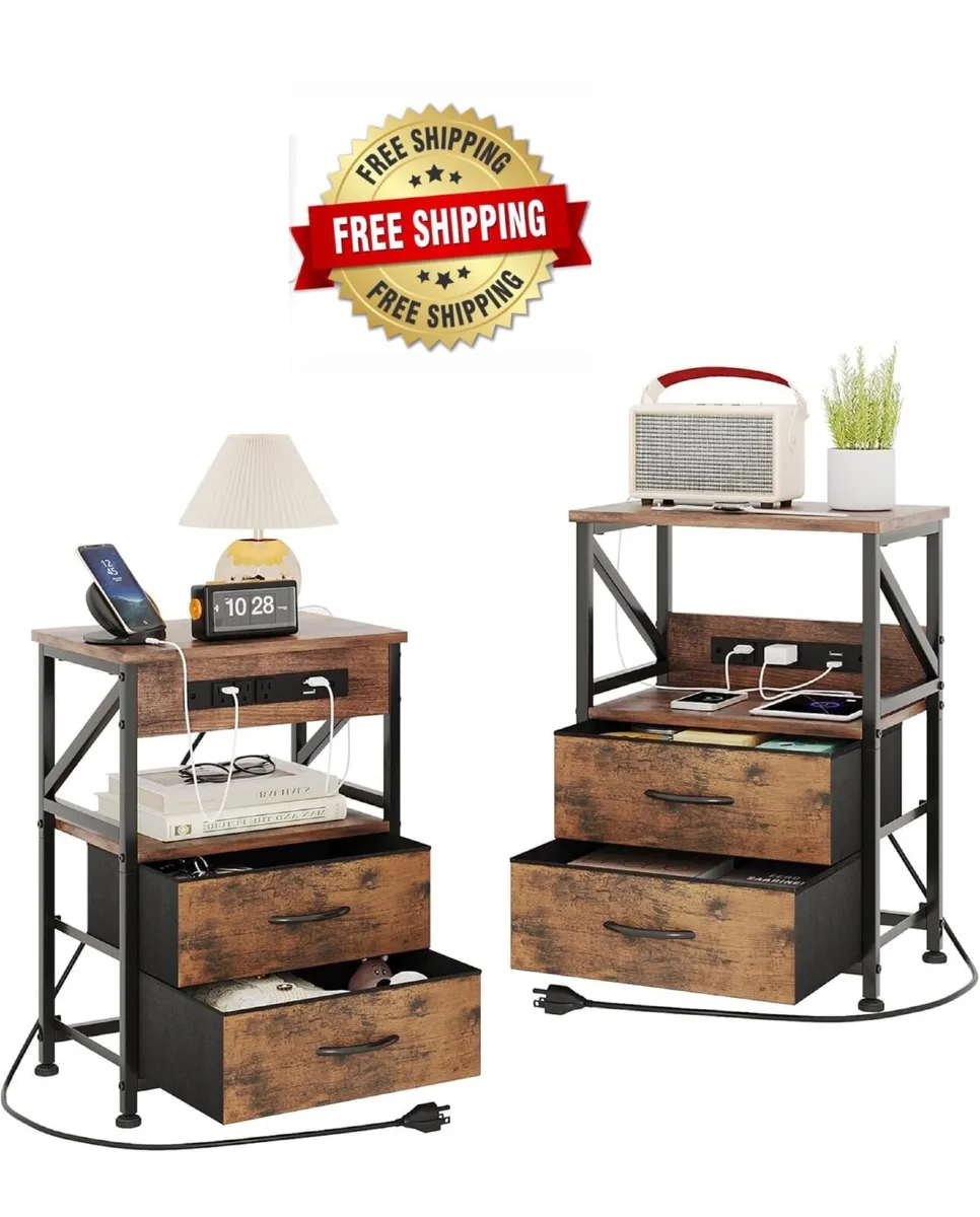 2 PCS Bedside Table with Power Strip, Bedside Cabi - Image 1