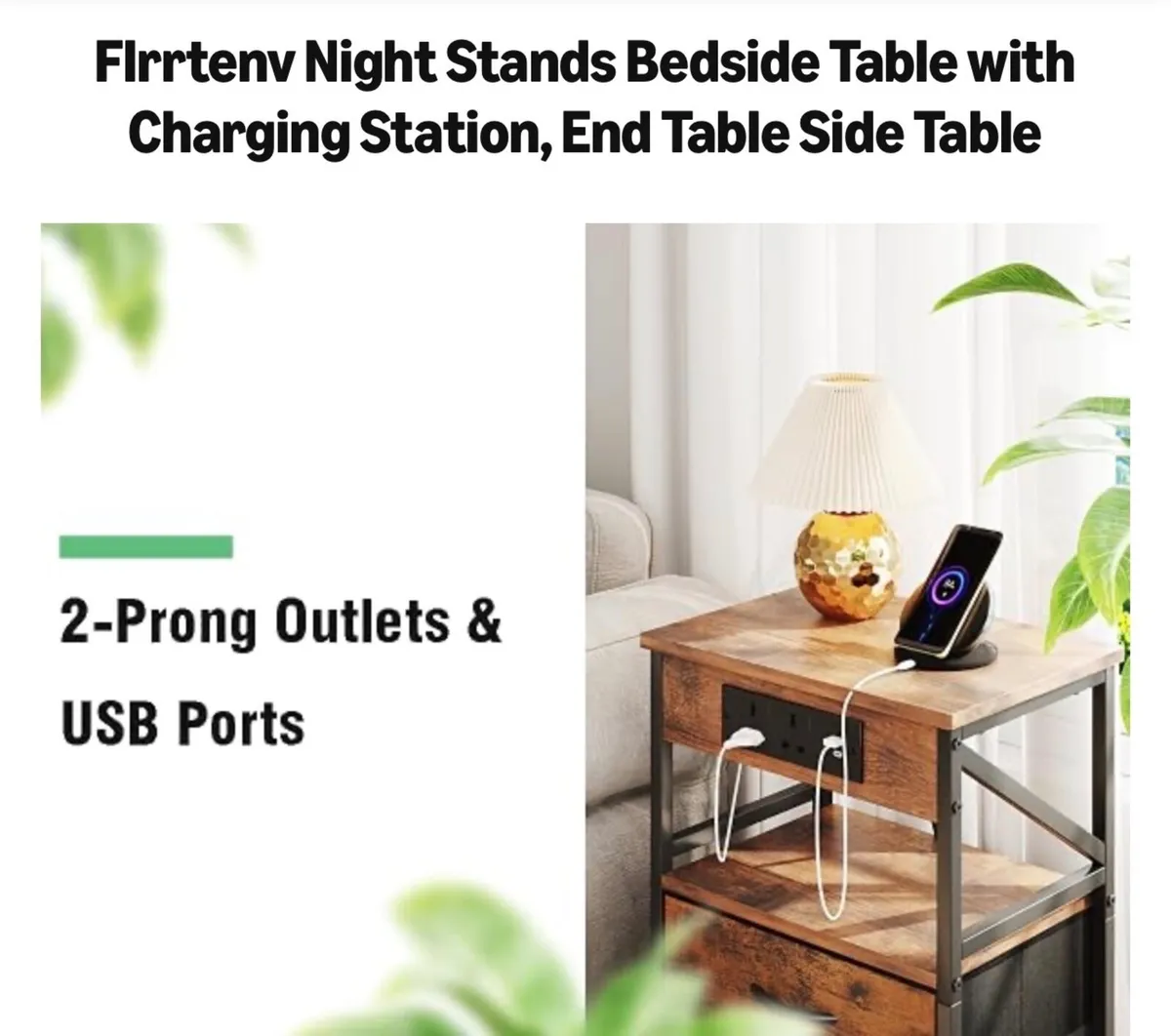 2 PCS Bedside Table with Power Strip, Bedside Cabi - Image 2