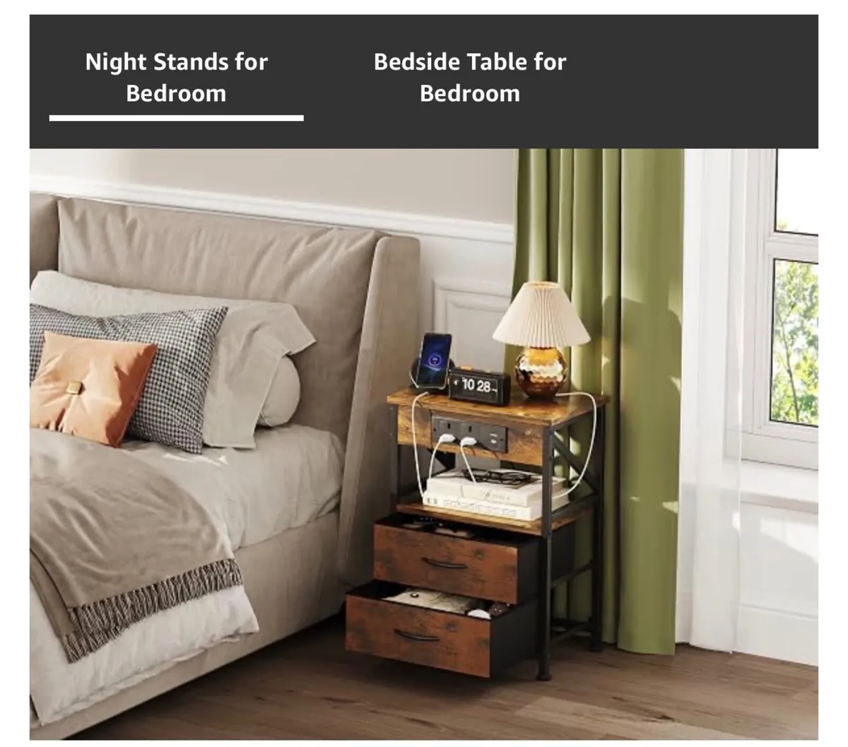 2 PCS Bedside Table with Power Strip, Bedside Cabi - Image 3