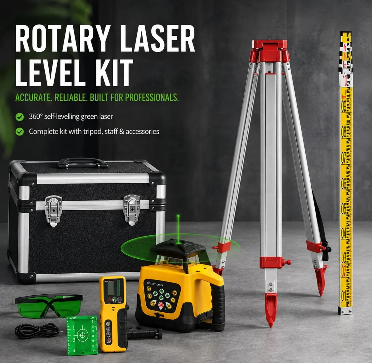 600m Rotary Green Laser Level Kit with Tripod, Det - Image 1