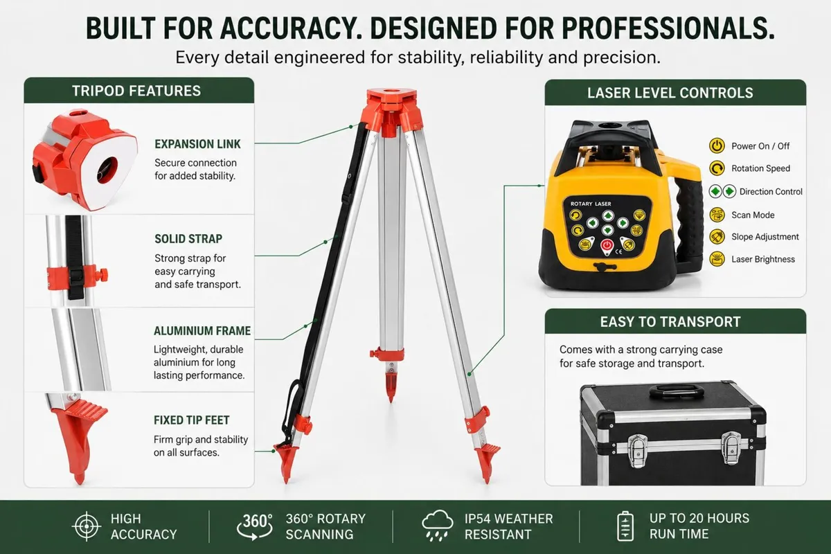 600m Rotary Green Laser Level Kit with Tripod, Det - Image 3